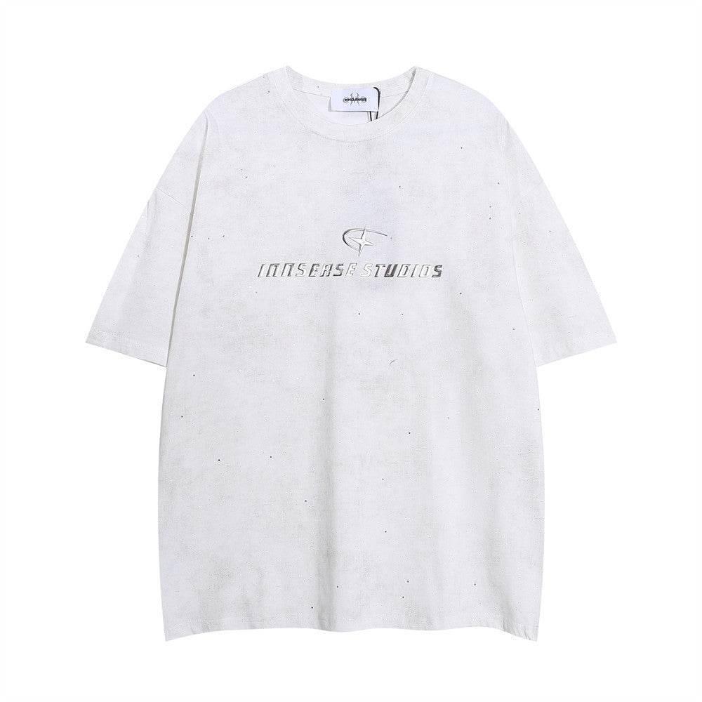 Men's Short-sleeved T-shirt Full Of Rhinestone Letters White