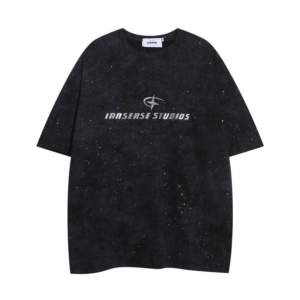 Men's Short-sleeved T-shirt Full Of Rhinestone Letters Black MuddyStock