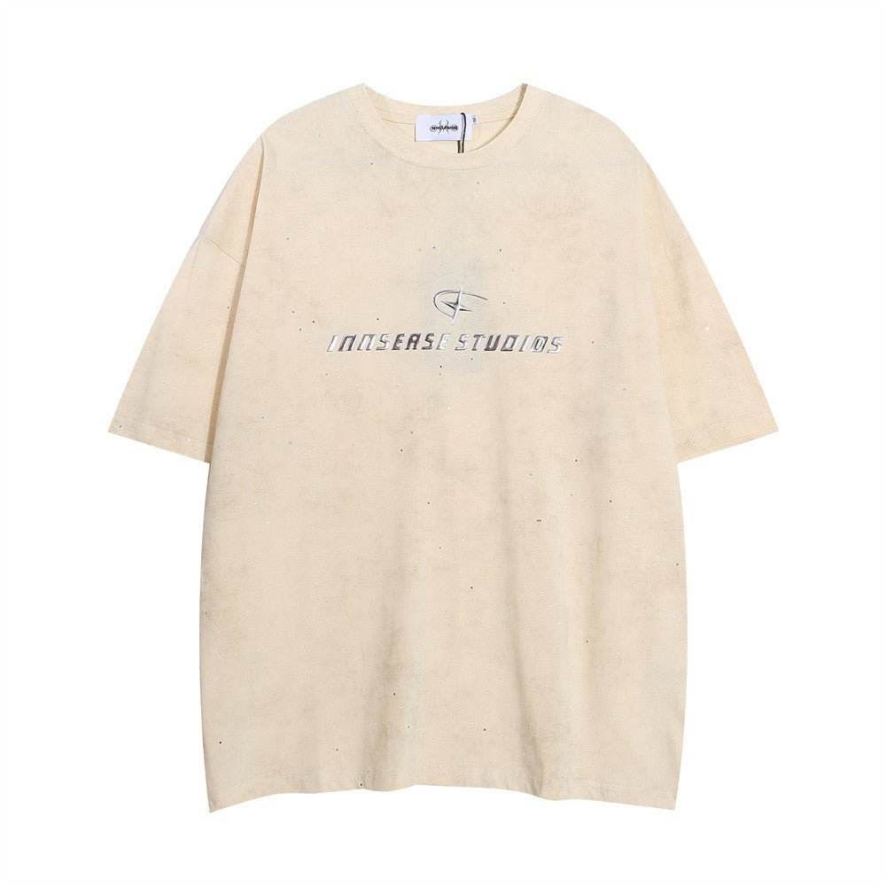 Men's Short-sleeved T-shirt Full Of Rhinestone Letters Khaki MuddyStock