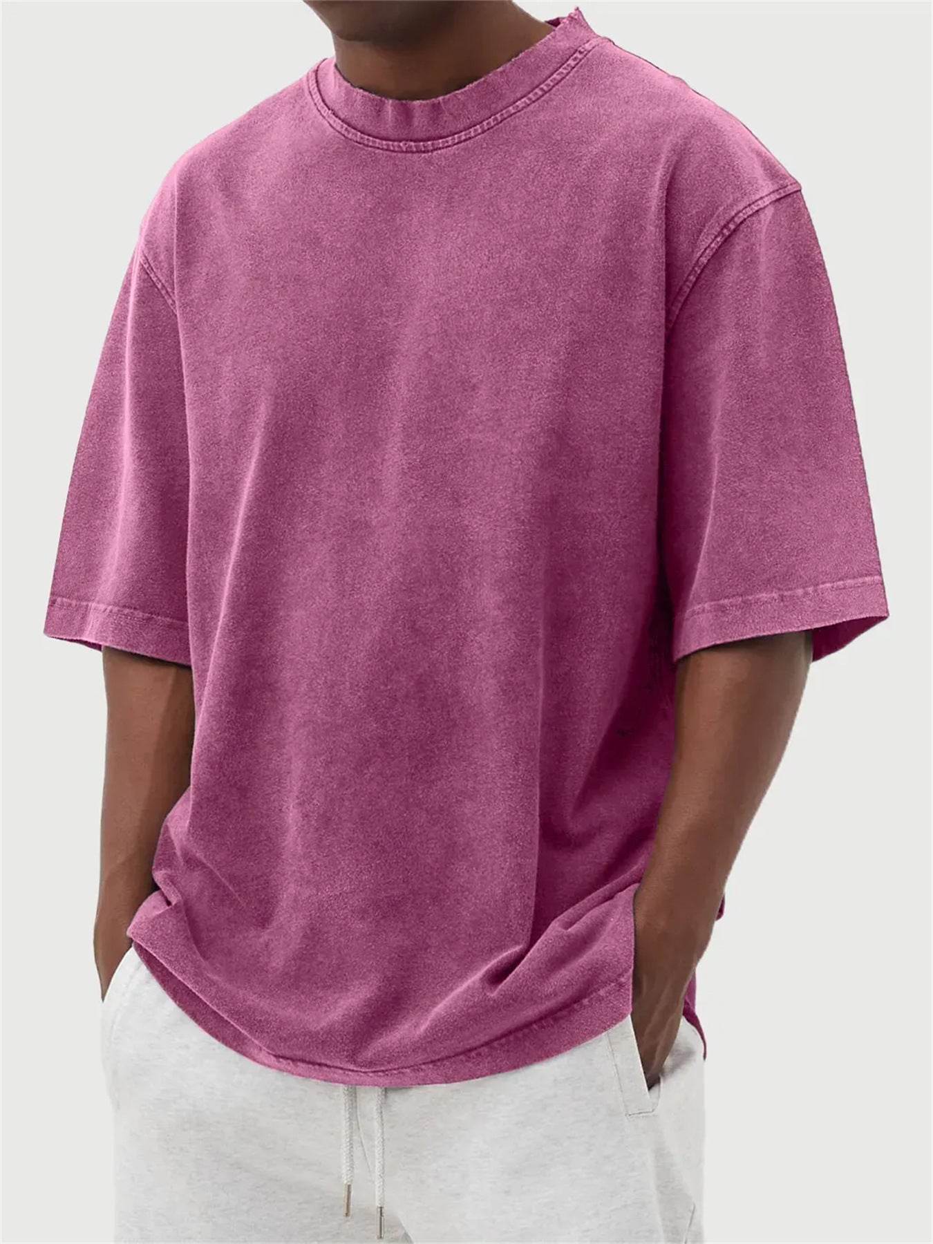 Men's Washed Fried Color Distressed Solid Color Pullover Short T-shirt Pink MuddyStock