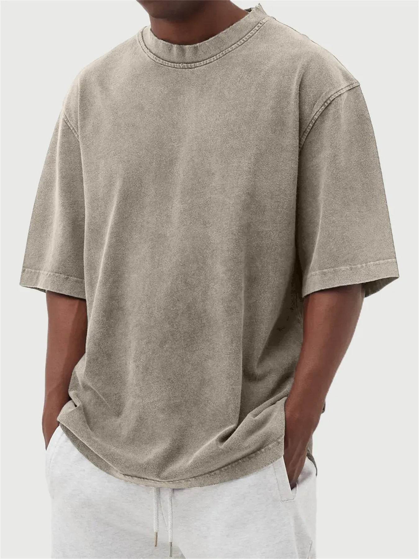 Men's Washed Fried Color Distressed Solid Color Pullover Short T-shirt Khaki MuddyStock