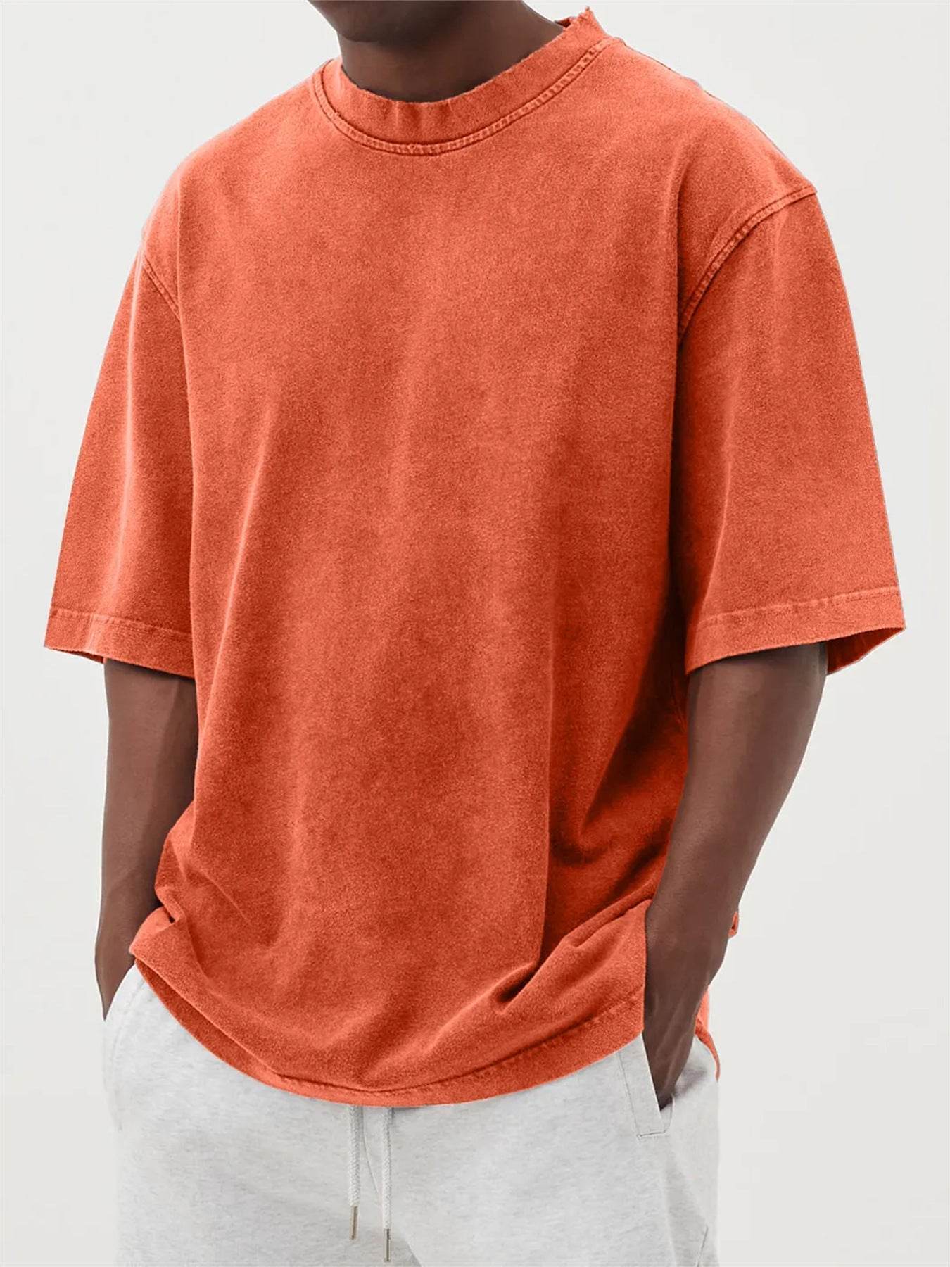 Men's Washed Fried Color Distressed Solid Color Pullover Short T-shirt Orange Red MuddyStock