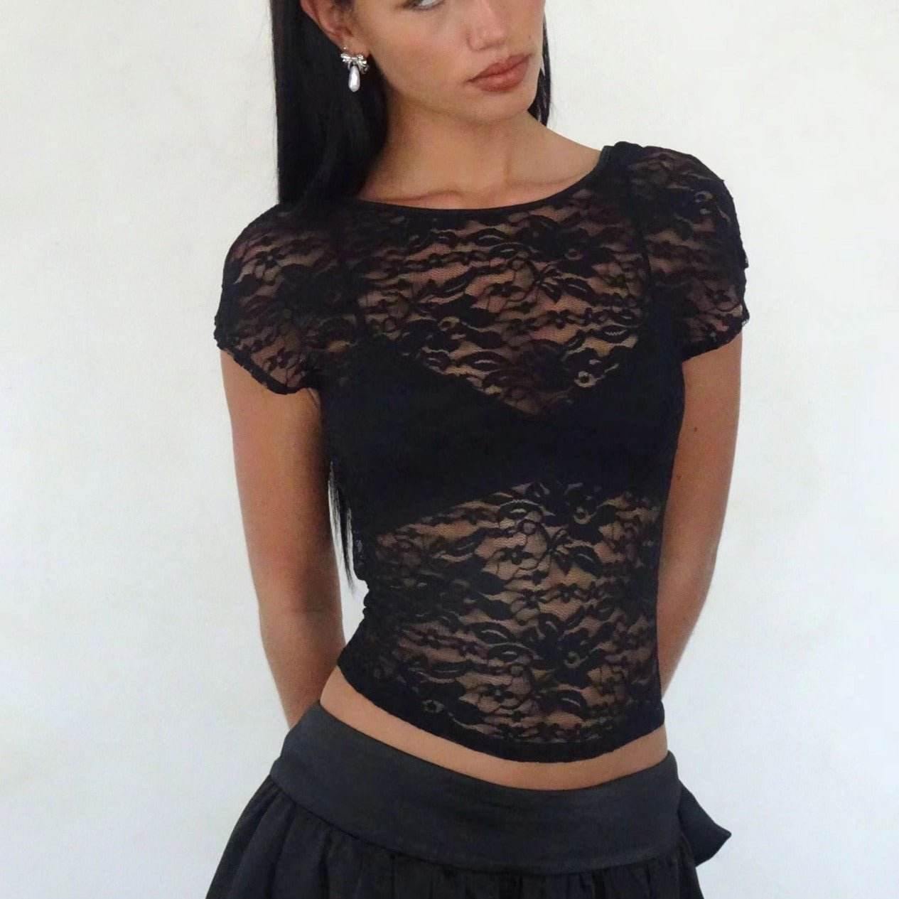 New Lace Round Neck Slim-fit Tops Women MuddyStock