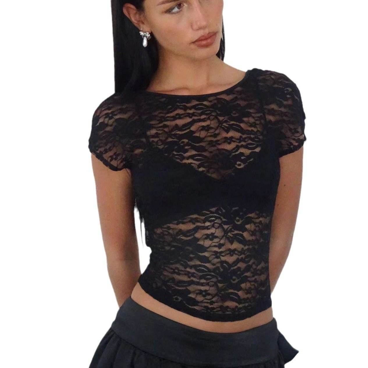New Lace Round Neck Slim-fit Tops Women Black MuddyStock