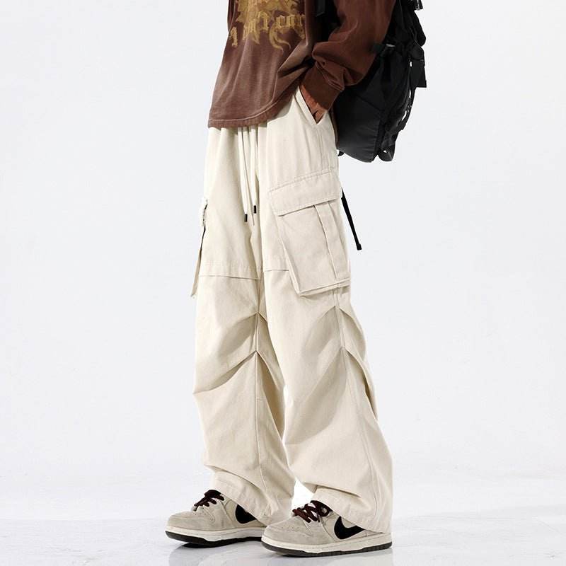 Overalls Men's Retro Trendy Pleated Straight-leg Trousers Casual Beige MuddyStock