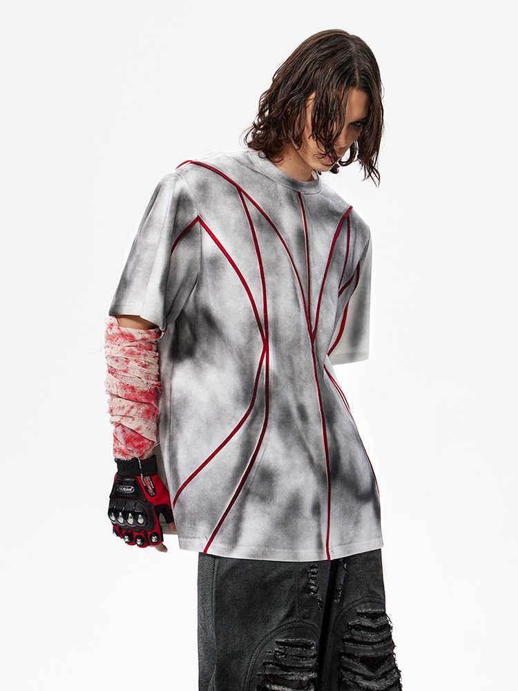 Padded Shoulder Short Sleeve Three-dimensional Line Patchwork Round Neck T-shirt
