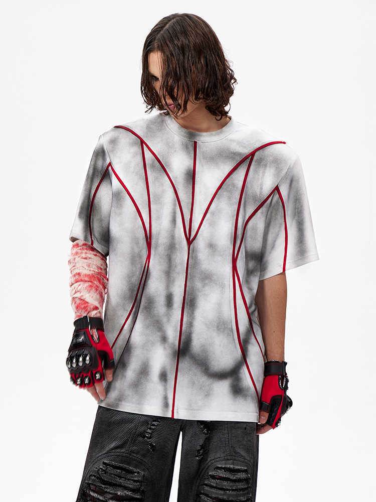 Padded Shoulder Short Sleeve Three-dimensional Line Patchwork Round Neck T-shirt MuddyStock