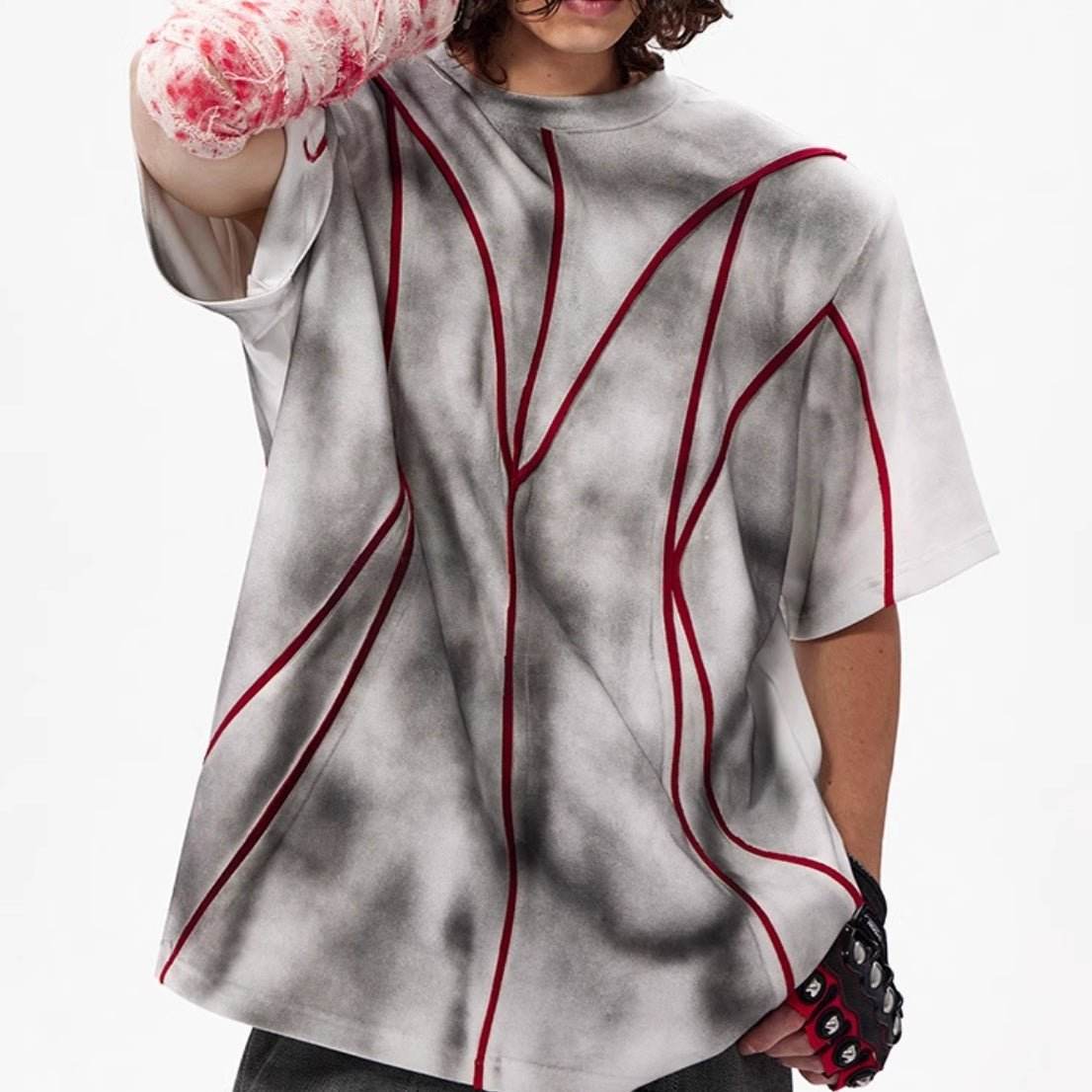 Padded Shoulder Short Sleeve Three-dimensional Line Patchwork Round Neck T-shirt MuddyStock