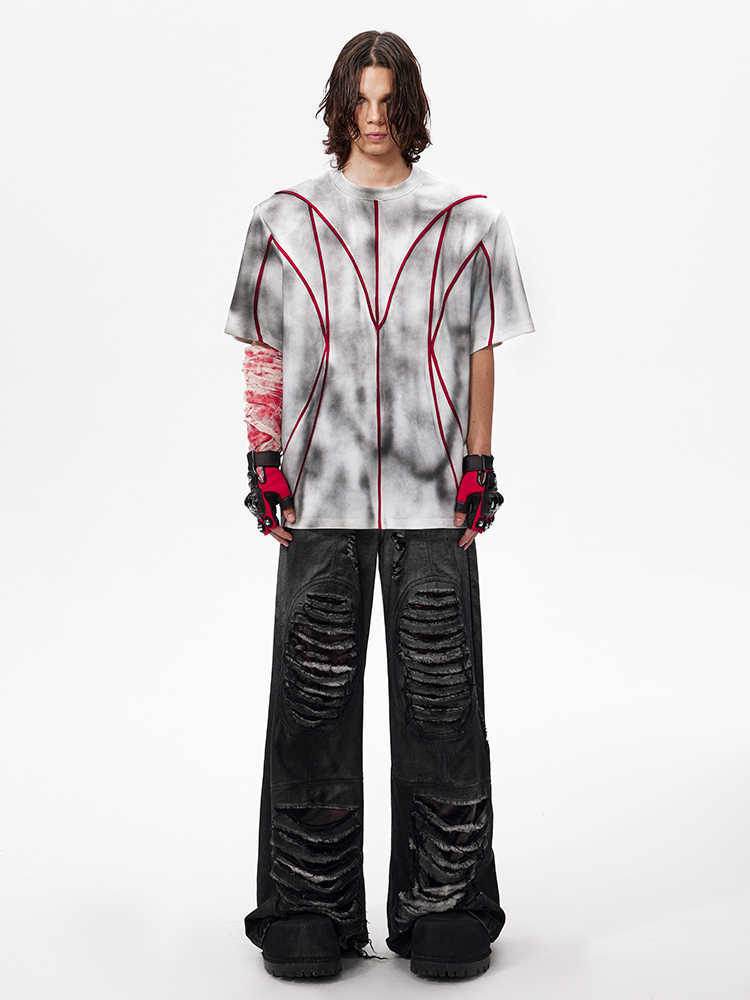 Padded Shoulder Short Sleeve Three-dimensional Line Patchwork Round Neck T-shirt MuddyStock