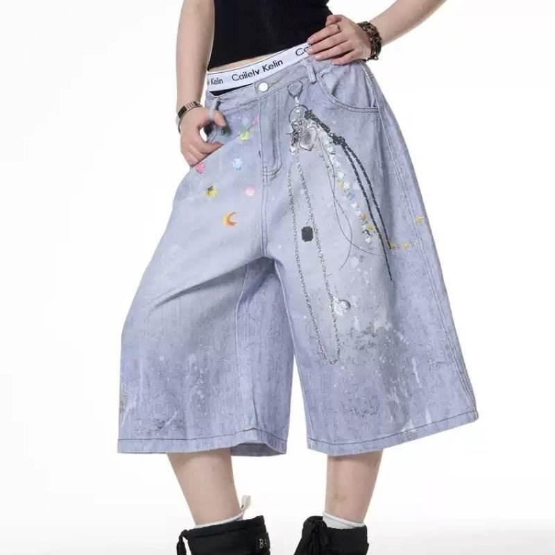 Retro Color Chain Printed Denim Shorts For Women MuddyStock