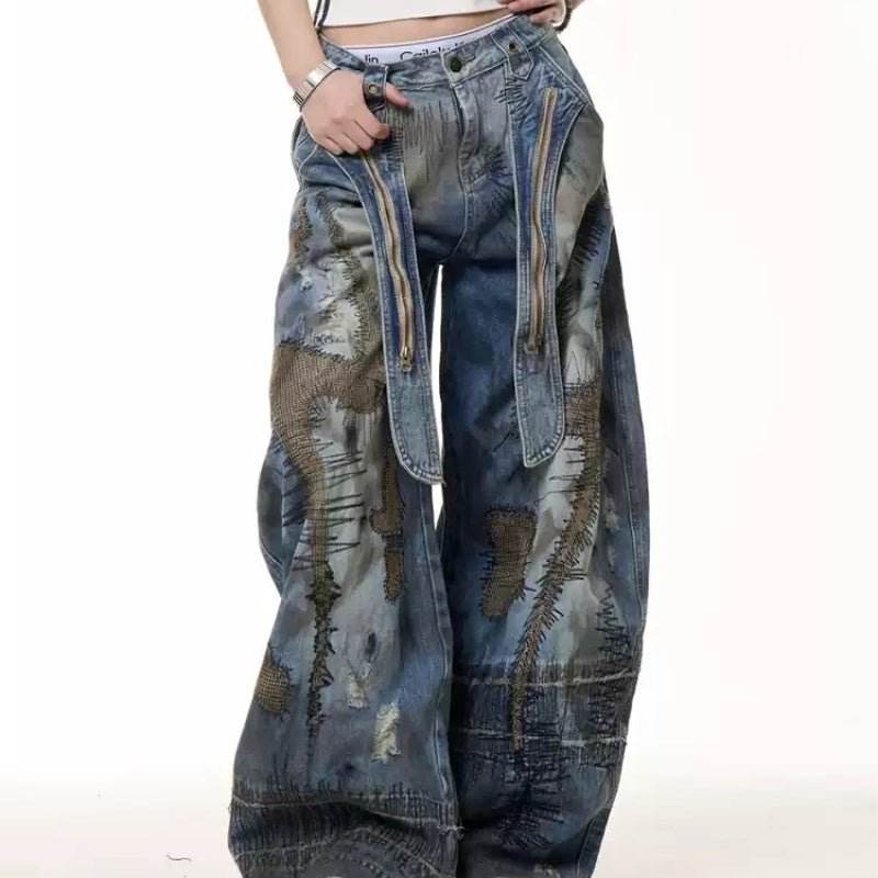 Retro Distressed Stain Dirty Dyed Machete Denim Pants MuddyStock