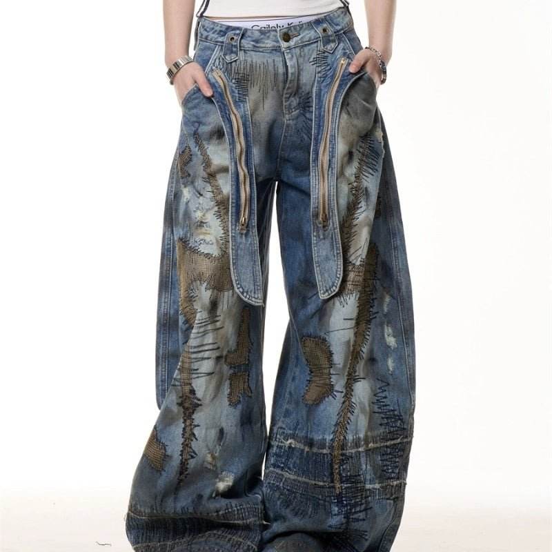 Retro Distressed Stain Dirty Dyed Machete Denim Pants MuddyStock