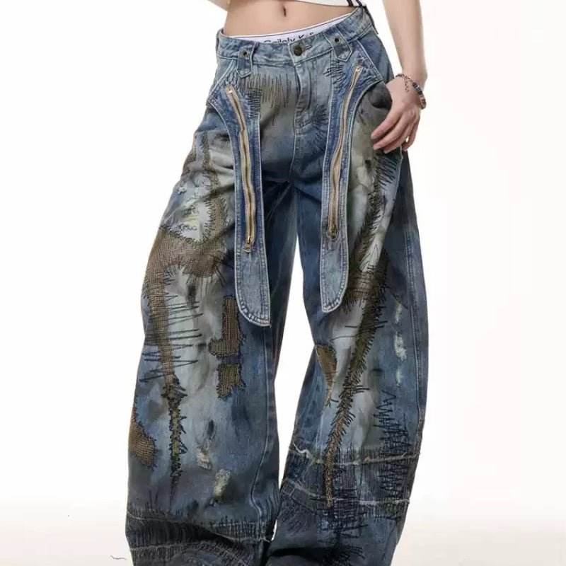 Retro Distressed Stain Dirty Dyed Machete Denim Pants MuddyStock