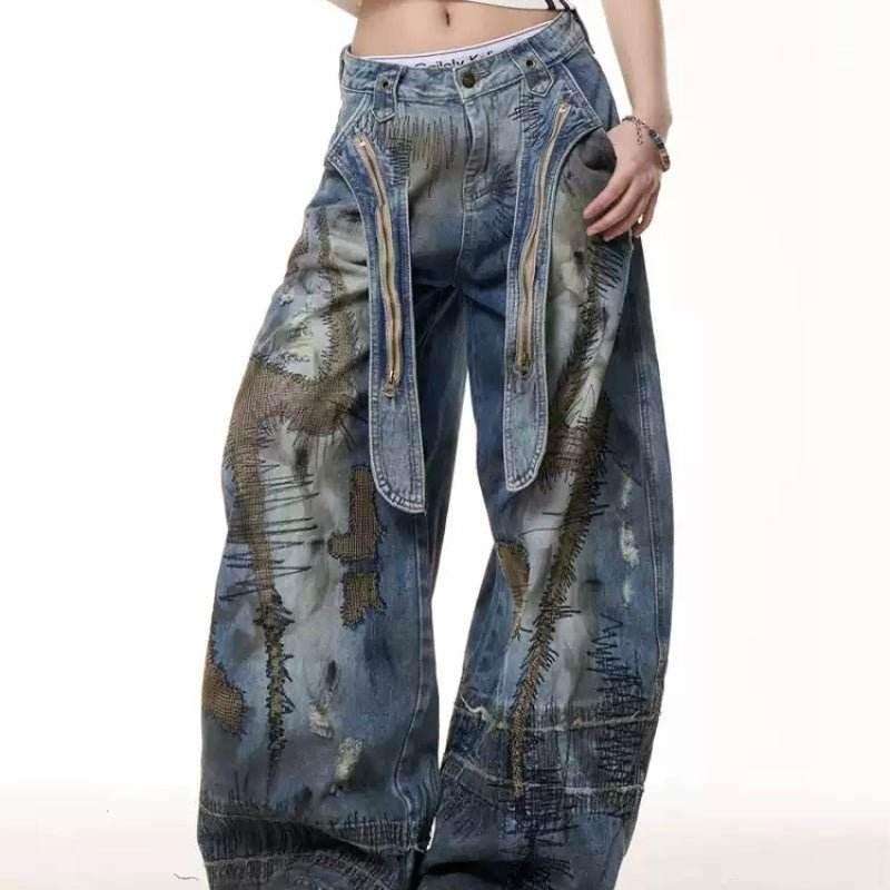 Retro Distressed Stain Dirty Dyed Machete Denim Pants