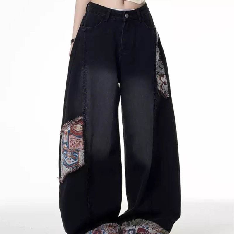 Retro Distressed Stitching Embroidered Jeans Women's Summer Loose Straight Black MuddyStock