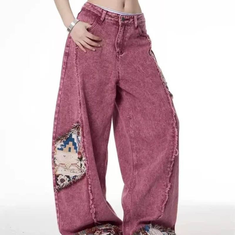 Retro Distressed Stitching Embroidered Jeans Women's Summer Loose Straight Pink