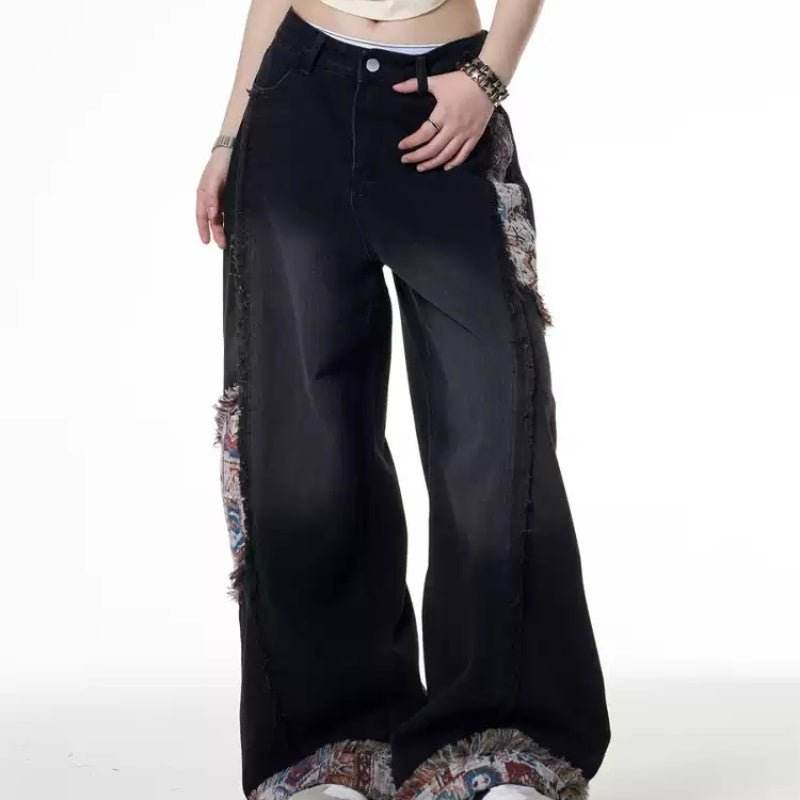 Retro Distressed Stitching Embroidered Jeans Women's Summer Loose Straight MuddyStock