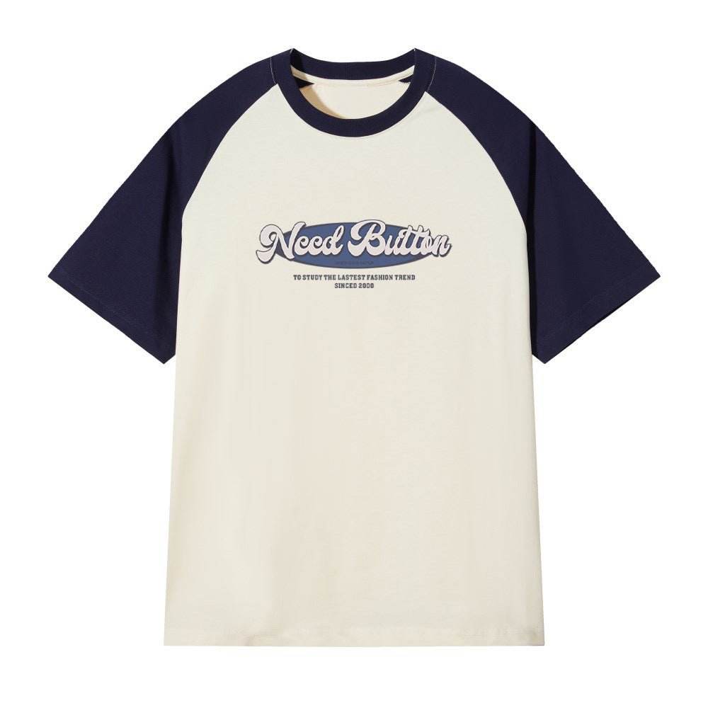 Retro Raglan Color Matching T-shirt For Men Navy Blue Apricot MuddyStock