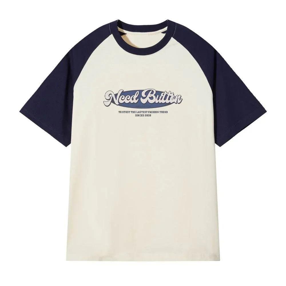 Retro Raglan Color Matching T-shirt For Men Navy Blue Apricot