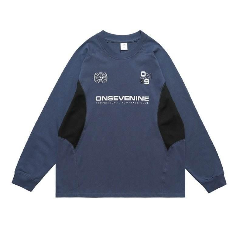 Retro Raglan Stitching Design Long-sleeved T-shirt Men Sapphire Blue