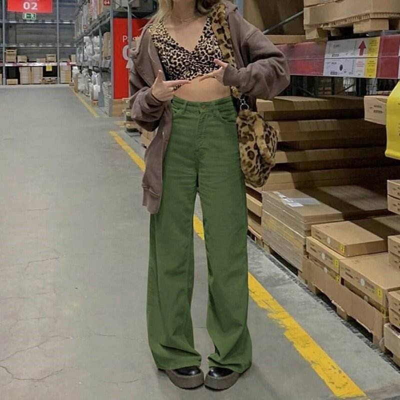 Retro Solid Corduroy High Waist Wide Leg Casual Women's Pants Green MuddyStock