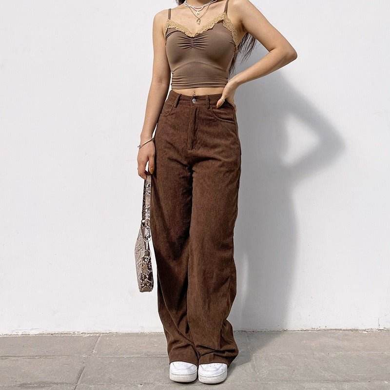 Retro Solid Corduroy High Waist Wide Leg Casual Women's Pants MuddyStock