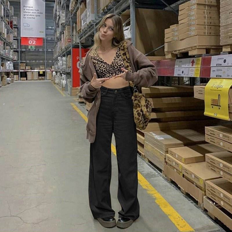 Retro Solid Corduroy High Waist Wide Leg Casual Women's Pants Black MuddyStock