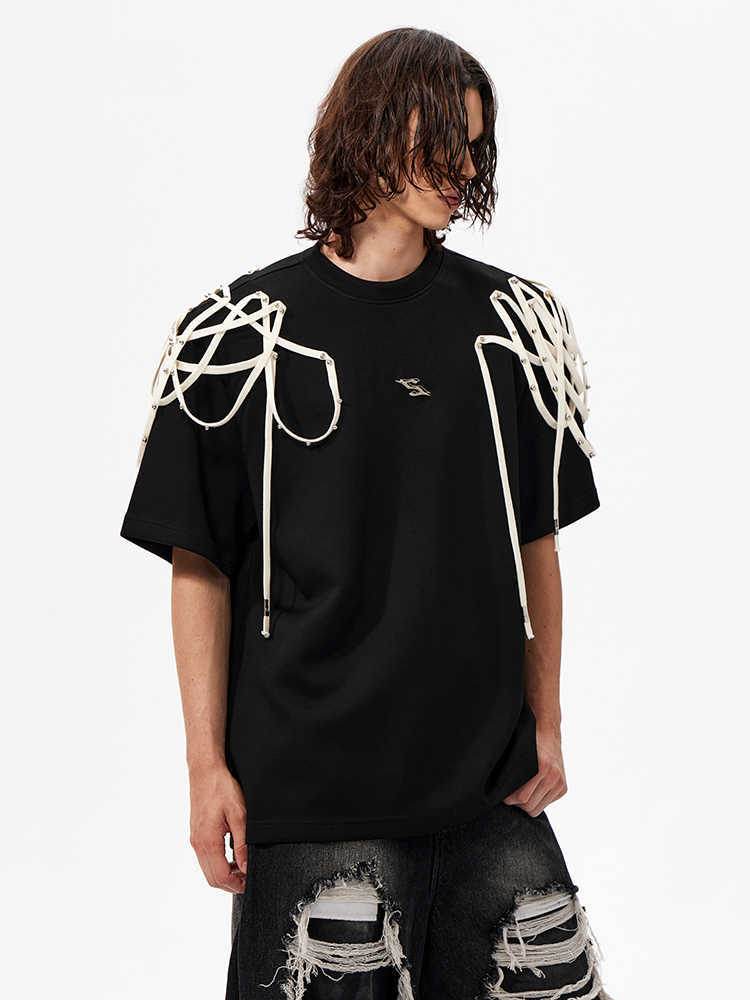 Rivet Ribbon Padded Shoulder Short-sleeved T-shirt MuddyStock