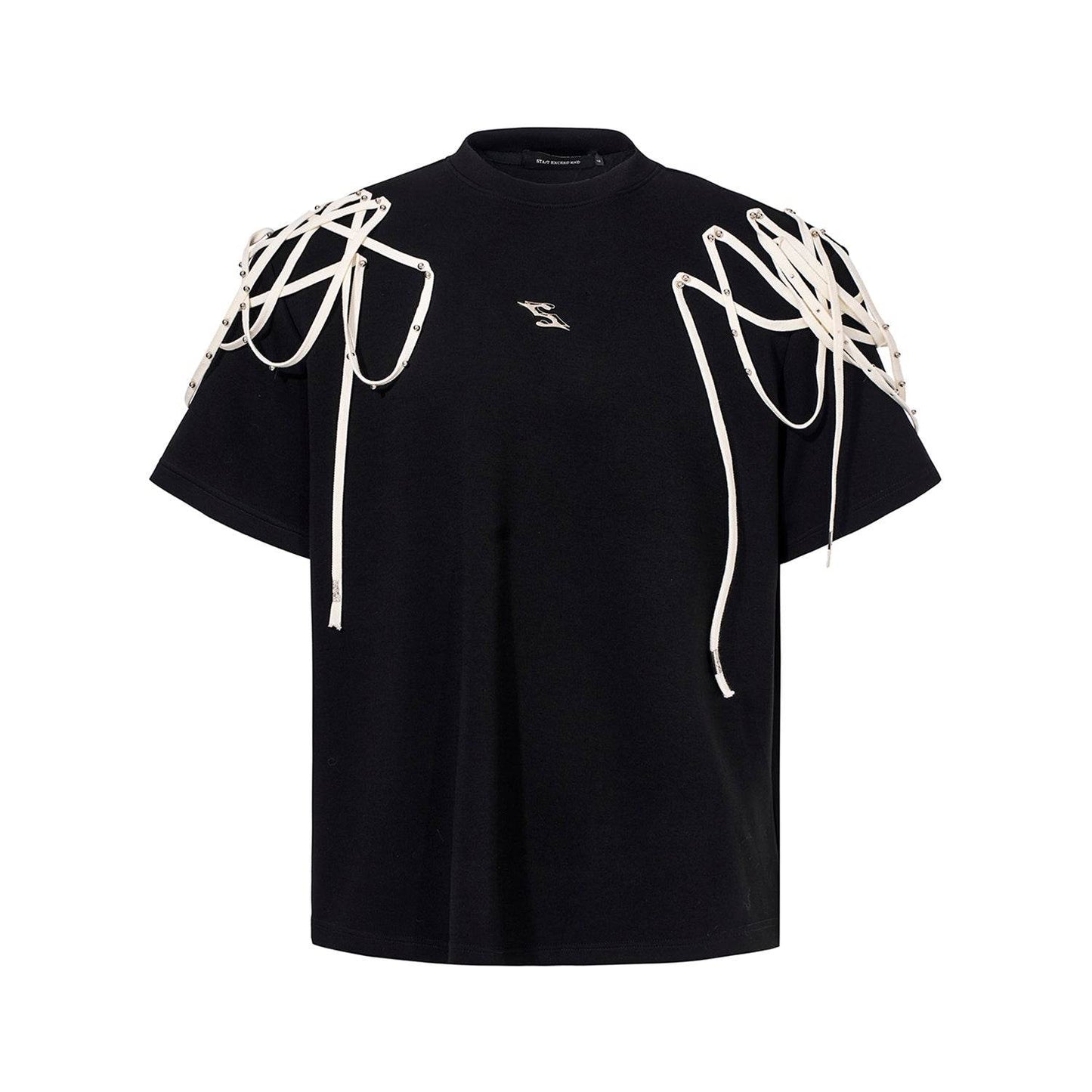 Rivet Ribbon Padded Shoulder Short-sleeved T-shirt Black MuddyStock