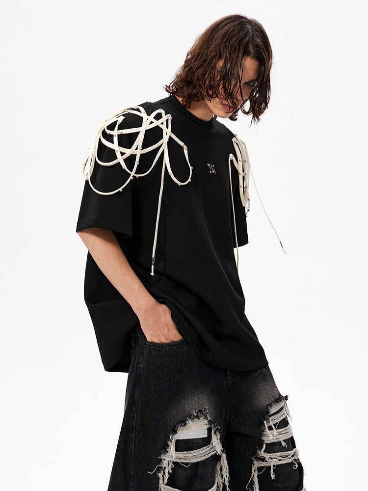 Rivet Ribbon Padded Shoulder Short-sleeved T-shirt MuddyStock