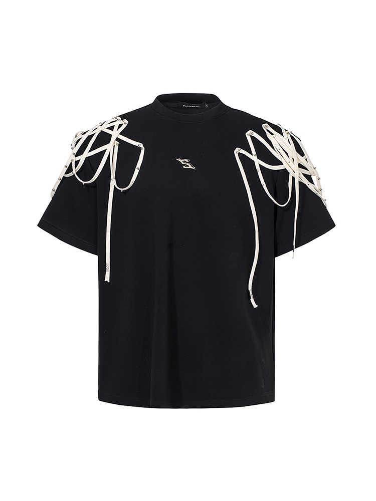 Rivet Ribbon Padded Shoulder Short-sleeved T-shirt MuddyStock