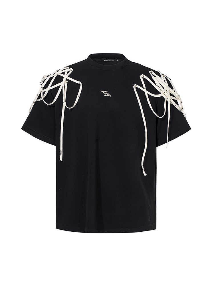 Rivet Ribbon Padded Shoulder Short-sleeved T-shirt