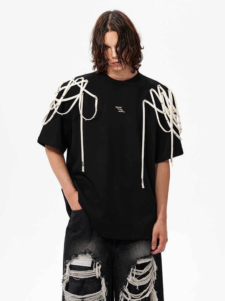 Rivet Ribbon Padded Shoulder Short-sleeved T-shirt MuddyStock