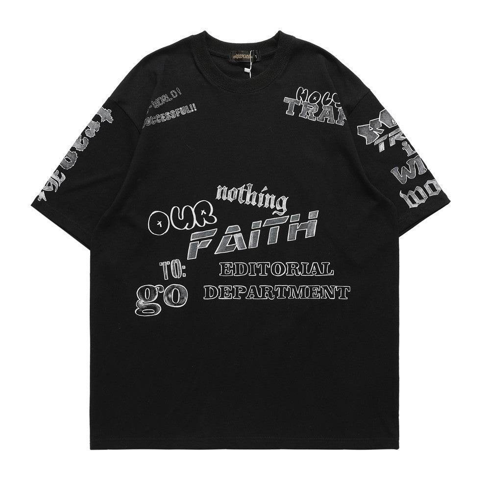 Round Neck Half Sleeve Letter Full Print Short Sleeve T-Shirt For Men And Women Black MuddyStock