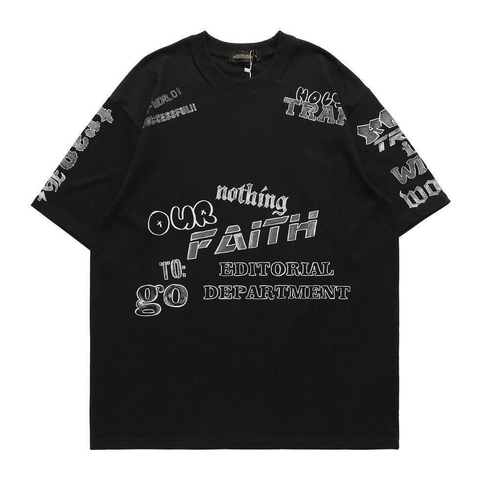 Round Neck Half Sleeve Letter Full Print Short Sleeve T-Shirt For Men And Women Black