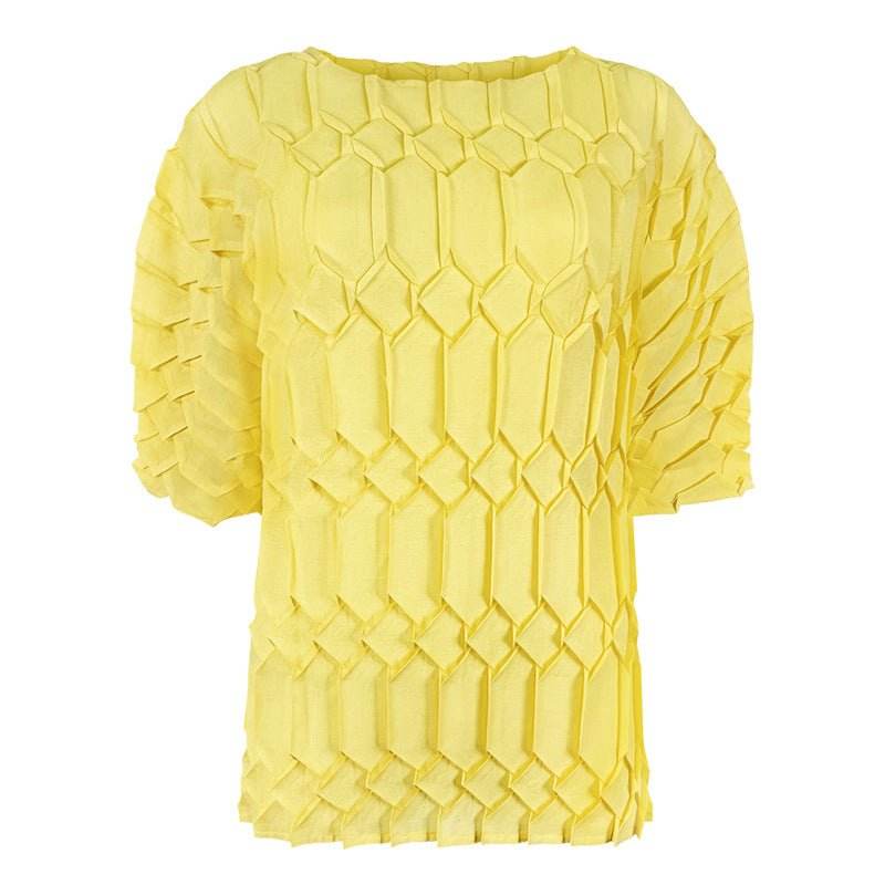 Spring new pleated large size women's loose round neck top | MuddyStock Originals yellow one size MuddyStock