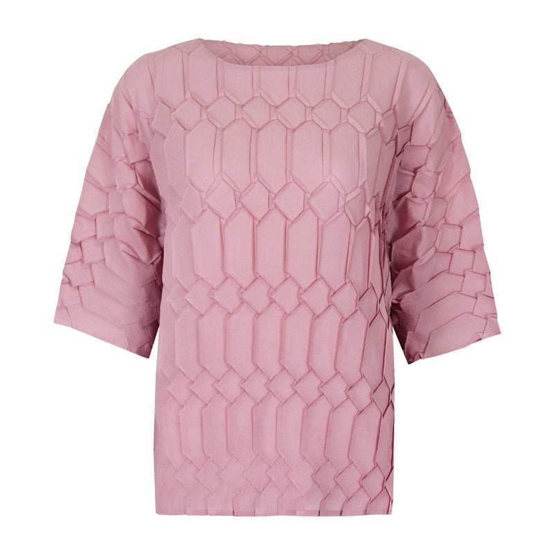 Spring new pleated large size women's loose round neck top | MuddyStock Originals pink one size MuddyStock