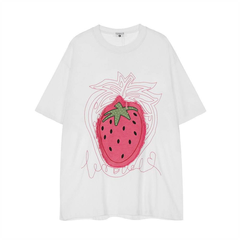 Strawberry Affixed Cloth Embroidered Short Sleeve For Women White MuddyStock