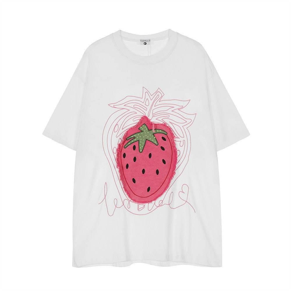 Strawberry Affixed Cloth Embroidered Short Sleeve For Women White