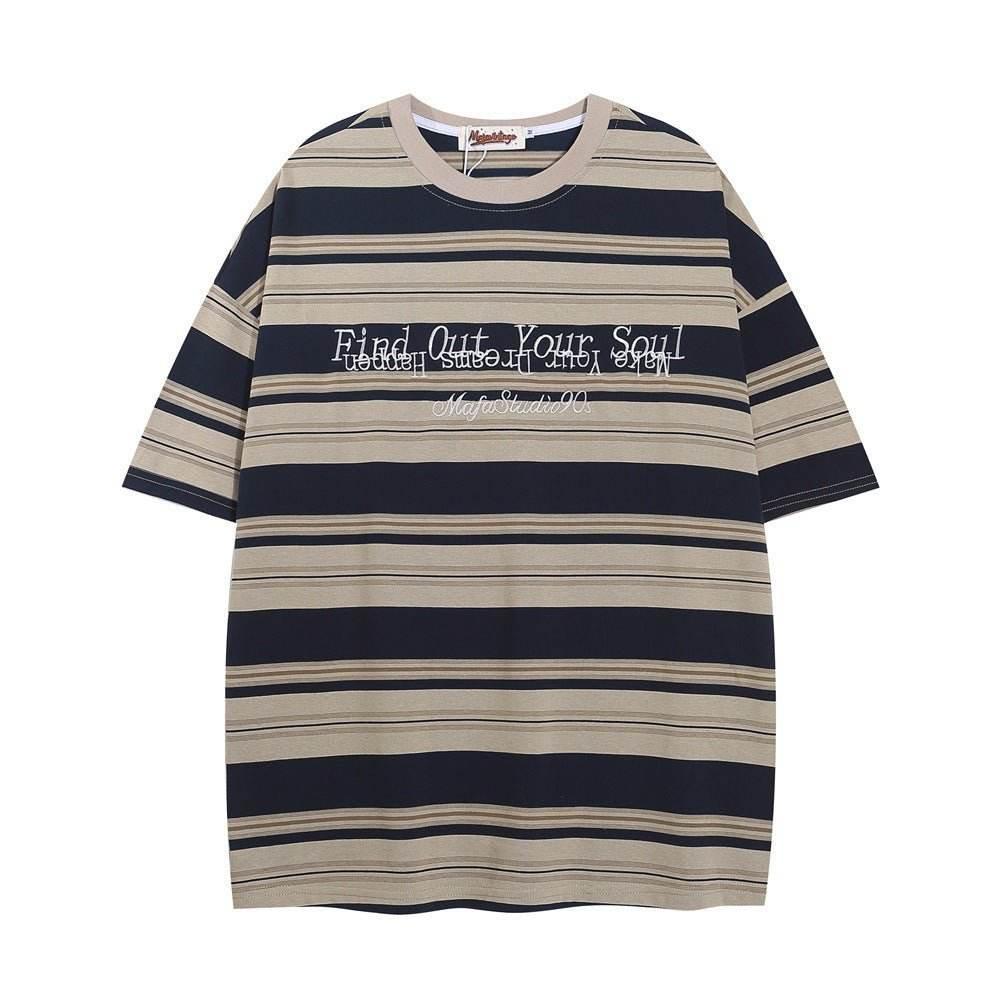 Striped Round Neck Short Sleeve T-shirt For Men And Women Khaki