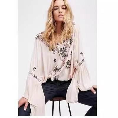 Summer new embroidered fringed V-neck embroidered cotton and linen trumpet sleeve top | MuddyStock Originlals off white