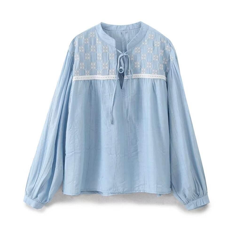 Versatile V-neck lace up loose embroidered top for women | MuddyStock Originals