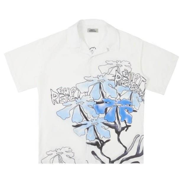 White Hook Line Smudged Flowers Short-Sleeved Men Trendy Loose Couple Shirt White MuddyStock