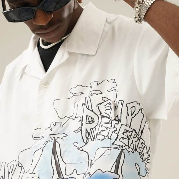 White Hook Line Smudged Flowers Short-Sleeved Men Trendy Loose Couple Shirt MuddyStock