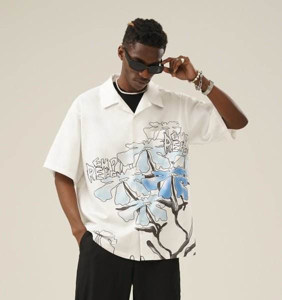 White Hook Line Smudged Flowers Short-Sleeved Men Trendy Loose Couple Shirt MuddyStock