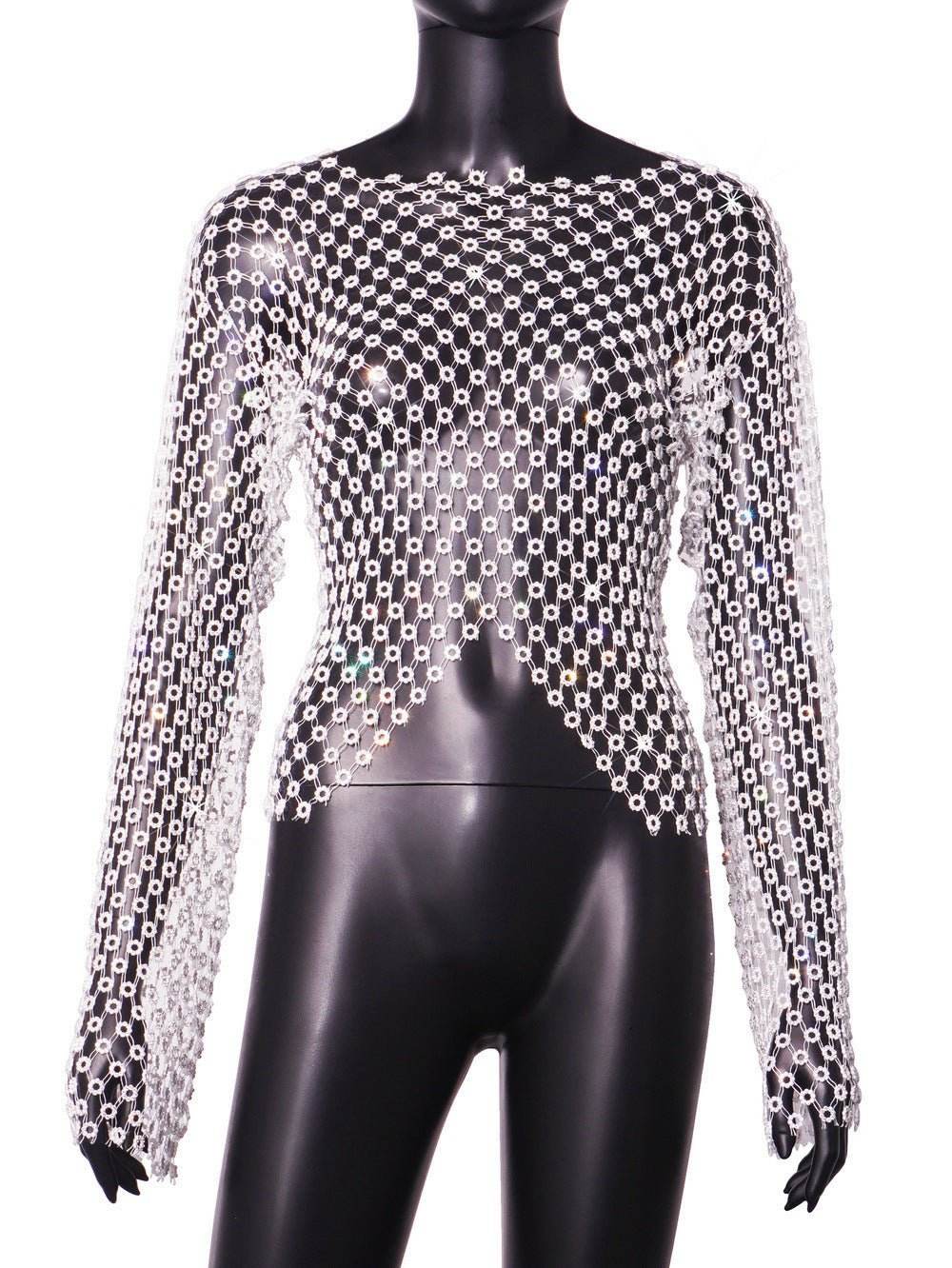 Women's Fashion Hollowed-out Mesh Rhinestone Small Top MuddyStock