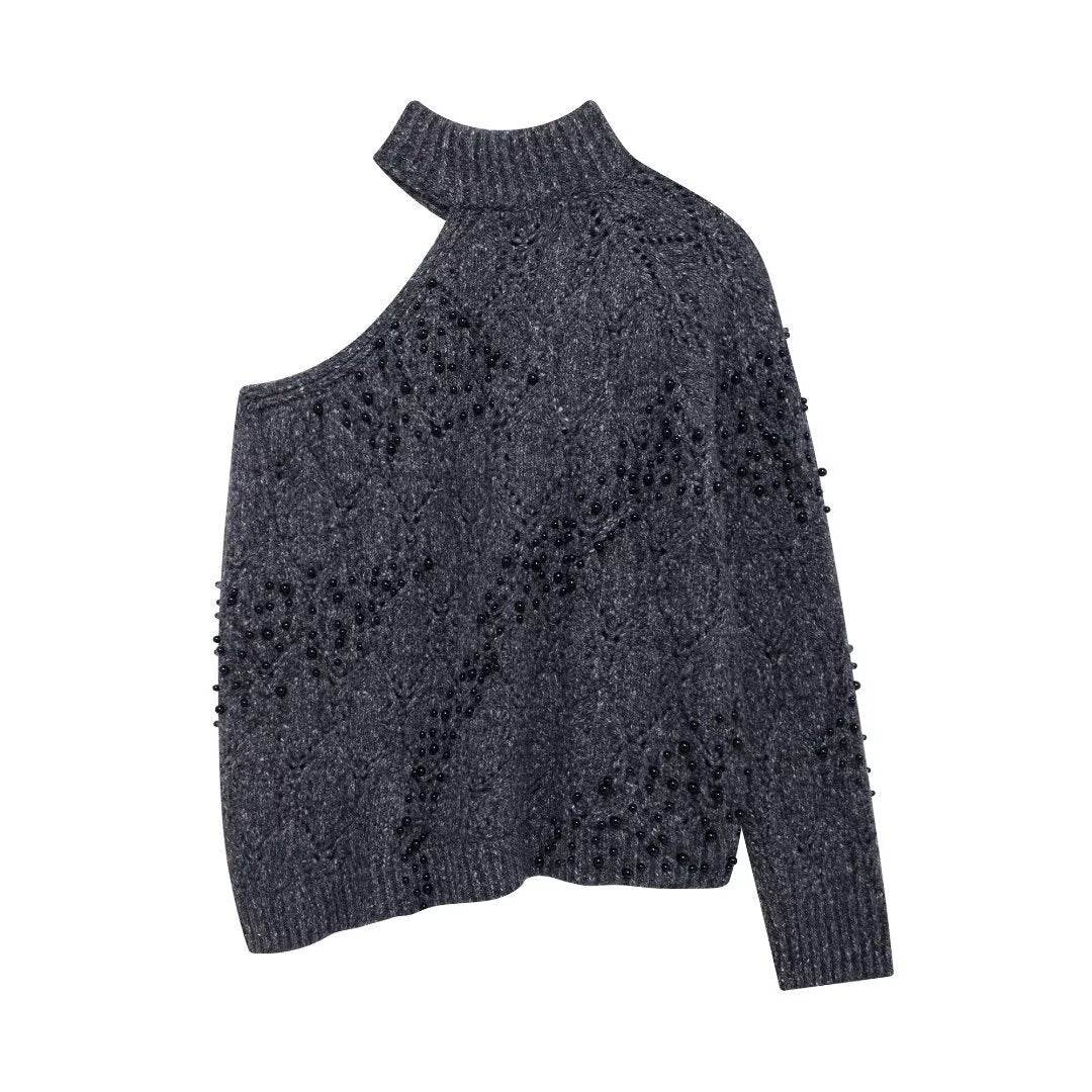 Women's new style shoulder opening hollow bead knitted sweater | MuddyStock Originals MuddyStock