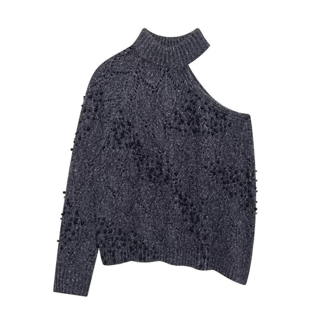 Women's new style shoulder opening hollow bead knitted sweater | MuddyStock Originals