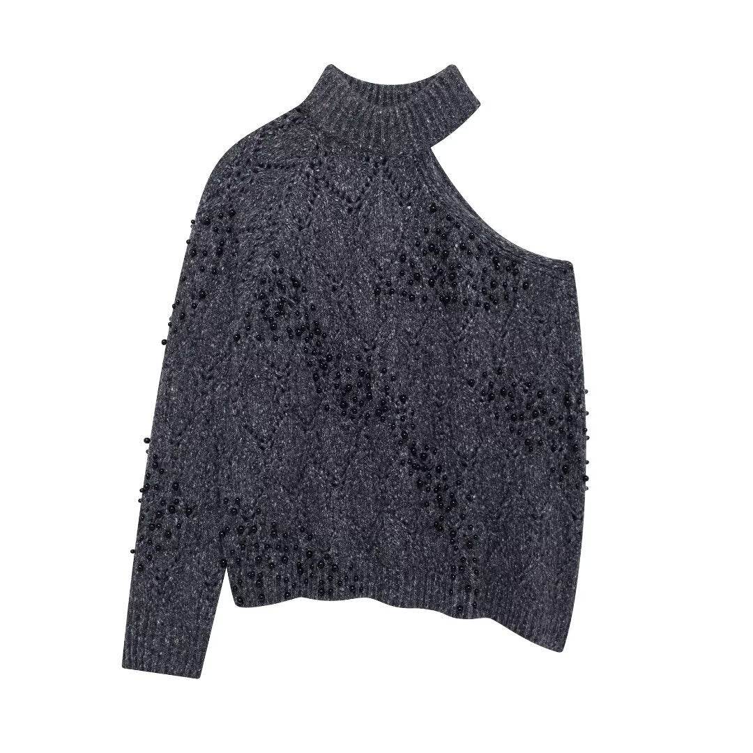 Women's new style shoulder opening hollow bead knitted sweater | MuddyStock Originals gray MuddyStock