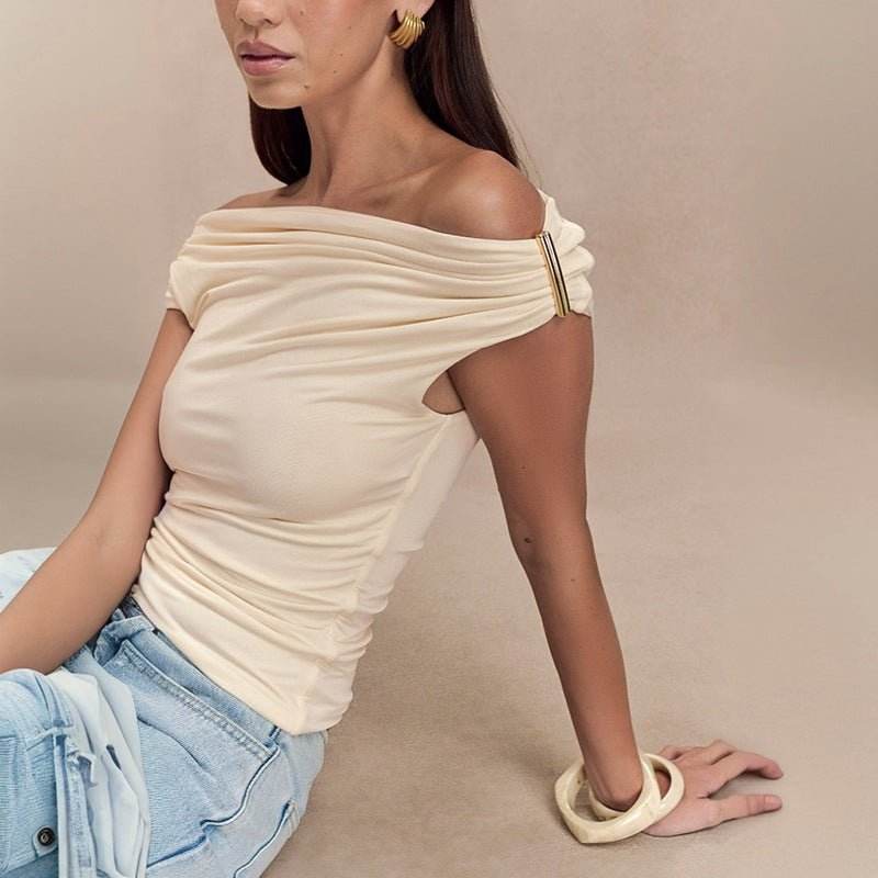 Women's Solid Color Pleated Off-shoulder Slim Off-shoulder Top MuddyStock